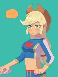 Size: 1620x2160 | Tagged: safe, artist:haibaratomoe, derpibooru import, applejack, rarity, better together, equestria girls, forgotten friendship, applerack, belly button, blushing, breasts, eye clipping through hair, eyebrows, eyebrows visible through hair, female, freckles, green background, holding hands, midriff, offscreen character, simple background, solo focus