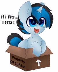 Size: 2912x3622 | Tagged: safe, artist:pegamutt, derpibooru import, oc, oc only, oc:solar gizmo, pony, unicorn, box, chest fluff, eye clipping through hair, if i fits i sits, open mouth, open smile, pony in a box, simple background, smiling, solo, white background