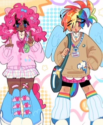Size: 1080x1307 | Tagged: safe, artist:bland__boy, derpibooru import, pinkie pie, rainbow dash, human, alternate hairstyle, bandaid, blackwashing, clothes, converse, cutie mark, cutie mark on clothes, dark skin, duo, ear piercing, eared humanization, earring, humanized, jewelry, leg warmers, moderate dark skin, peace sign, piercing, pigtails, shoes, shoulder bag, skirt, sweater, tailed humanization, twintails, winged humanization, wings, wonderbolts logo