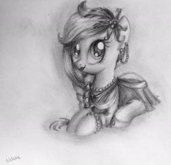 Size: 2493x2406 | Tagged: safe, artist:velvettia, oc, oc:poppy seed (mec), clothes, dress, mascot, middle equestrian convention, pencil drawing, solo, traditional art