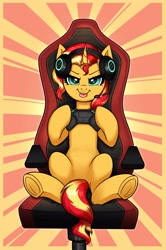 Size: 2649x4000 | Tagged: safe, artist:confetticakez, sunset shimmer, pony, unicorn, 666, :p, abstract background, chair, controller, female, gamer sunset, gaming chair, gaming headset, headphones, headset, image, jpeg, looking at you, mare, microphone, tongue, tongue out