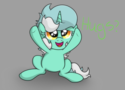 Size: 3230x2323 | Tagged: safe, artist:background basset, lyra heartstrings, pony, unicorn, dialogue, female, filly, gray background, happy, hug request, looking up, simple background, sitting, solo, text, younger