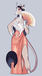 Size: 517x930 | Tagged: safe, artist:blackblood-queen, oc, oc only, oc:ametrine, anthro, unguligrade anthro, unicorn, anthro oc, clothes, curved horn, digital art, dress, eyeshadow, fan, female, horn, leonine tail, makeup, mare, side slit, solo, unicorn oc