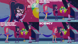 Size: 1280x720 | Tagged: safe, derpibooru import, edit, edited screencap, editor:quoterific, screencap, pinkie pie, rosette nebula, sci-twi, twilight sparkle, equestria girls, equestria girls series, twilight under the stars, spoiler:eqg series (season 2), aweeg*, balloon, bare shoulders, cake, eyes closed, female, food, fork, glasses, high heels, open mouth, plate, ponytail, shoes, sleeveless, smiling, strapless
