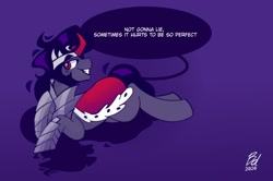 Size: 1622x1080 | Tagged: safe, artist:opossum-stuff, derpibooru import, king sombra, pony, umbrum, unicorn, cape, clothes, crown, jewelry, lidded eyes, lying down, male, purple background, regalia, simple background, smiling, solo, stallion, stupid sexy sombra