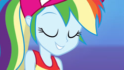 Size: 1920x1080 | Tagged: safe, derpibooru import, screencap, rainbow dash, better together, equestria girls, i'm on a yacht, alternate hairstyle, baseball cap, blue background, cap, close-up, clothes, cute, eyes closed, female, gradient background, happy, hat, ponytail, simple background, sleeveless, smiling, solo, tanktop