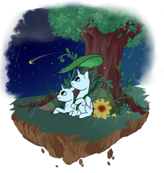 Size: 800x844 | Tagged: safe, artist:lavvythejackalope, derpibooru import, oc, oc only, alicorn, pony, alicorn oc, commission, duo, floating island, horn, looking up, lying down, night, outdoors, prone, shooting star, simple background, sitting, smiling, transparent background, tree, wings, your character here