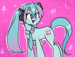 Size: 1600x1200 | Tagged: safe, artist:fluttr3, derpibooru import, earth pony, pony, anime, hatsune miku, headphones, kotobukiya, kotobukiya hatsune miku pony, necktie, ponified, solo, vocaloid