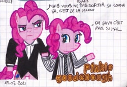 Size: 1119x763 | Tagged: safe, artist:karadeg, derpibooru exclusive, derpibooru import, pinkie pie, earth pony, semi-anthro, clothes, duo, female, french, graph paper, joueur du grenier, mare, meme, multeity, necktie, self ponidox, shrug, suit, traditional art