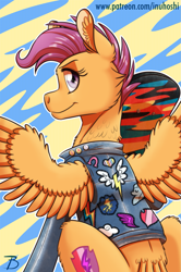 Size: 1101x1656 | Tagged: safe, artist:inuhoshi-to-darkpen, derpibooru import, scootaloo, pegasus, pony, clothes, ear fluff, ears, jacket, looking at you, looking back, looking back at you, patch, scooting, skateboard, wing fluff