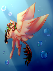 Size: 1500x2000 | Tagged: safe, artist:avmire, derpibooru import, oc, oc only, pegasus, pony, blue eyes, bubble, crepuscular rays, feather, female, flying, green eyes, ocean, smiling, solo, spread wings, sunlight, tail, underwater, water, wings