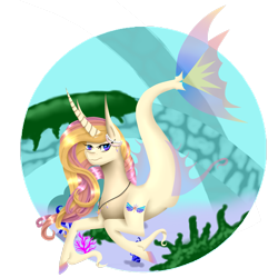 Size: 2449x2449 | Tagged: safe, artist:rainbowshimmers, derpibooru import, oc, oc only, merpony, pony, seapony (g4), unicorn, coral, female, fish tail, flowing mane, flowing tail, horn, jewelry, looking at you, necklace, ocean, pearl necklace, purple eyes, seaponified, seaweed, solo, species swap, tail, underwater, water