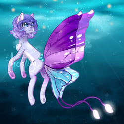 Size: 600x600 | Tagged: safe, artist:xfrosting, derpibooru import, oc, oc only, earth pony, pony, blue eyes, bubble, butterfly wings, crepuscular rays, glow, ocean, purple mane, smiling, solo, sunlight, underwater, water, wings