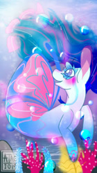 Size: 400x712 | Tagged: safe, artist:tihuilazuli, derpibooru import, edit, oc, oc only, pegasus, pony, seapony (g4), blue mane, blushing, bubble, butterfly wings, commission, coral, crepuscular rays, fin wings, flowing mane, logo, logo edit, ocean, open mouth, purple eyes, seaponified, smiling, solo, species swap, sunlight, underwater, water, wings