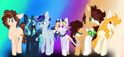 Size: 2804x1298 | Tagged: safe, artist:l00giedoogie, derpibooru import, oc, oc only, oc:artemis (l00giedoogie), oc:astrid comet, oc:lucky clover, oc:mystic dawn, oc:orion (l00giedoogie), oc:powdered pastry, earth pony, pegasus, pony, unicorn, female, male, mare, offspring, parent:applejack, parent:cheese sandwich, parent:king sombra, parent:pinkie pie, parent:rainbow dash, parent:soarin', parent:sunburst, parent:sunset shimmer, parent:trouble shoes, parent:twilight sparkle, parents:cheesepie, parents:soarindash, parents:troublejack, parents:twiburst, stallion