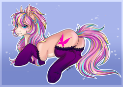 Size: 3508x2480 | Tagged: safe, artist:themstap, derpibooru import, oc, oc only, oc:bijou butterfly, butterfly, earth pony, pony, blushing, butt, clothes, commission, female, gradient background, heart, large butt, mare, plot, solo, stockings, thigh highs, underhoof, white outline, ych example, ych result, your character here