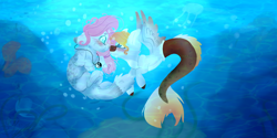 Size: 2000x1000 | Tagged: safe, artist:dashkatortik12222222, derpibooru import, oc, oc only, merpony, pegasus, pony, bubble, crepuscular rays, dorsal fin, fish tail, flowing tail, looking at each other, ocean, signature, spread wings, sunlight, swimming, tail, underwater, water, wings