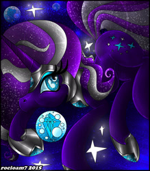 Size: 2290x2619 | Tagged: safe, artist:rocioam7, derpibooru import, nightmare rarity, pony, unicorn, armor, blue eyes, bubble, colored pupils, crown, eyelashes, female, flowing tail, gem, glow, holding breath, hoof shoes, horn, jewelry, looking up, ocean, purple mane, regalia, solo, stars, swimming, tail, underwater, water