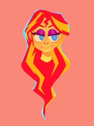 Size: 1000x1334 | Tagged: safe, artist:cyberspit, derpibooru import, sunset shimmer, equestria girls, bust, eyelashes, eyeshadow, female, freckles, makeup, orange background, simple background, solo