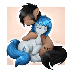 Size: 2480x2480 | Tagged: safe, artist:puggie, derpibooru import, oc, oc:proxy, oc:rena heartstep, earth pony, pony, beard, couple, cuddling, facial hair, female, male, simple background, straight