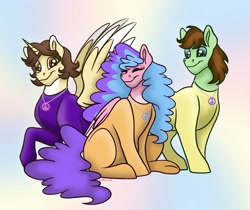 Size: 3159x2651 | Tagged: safe, artist:bellbell123, derpibooru import, oc, oc:aspen, oc:bella pinksavage, oc:ryan, alicorn, earth pony, pegasus, pony, alicorn oc, bodysuit, brother and sister, catsuit, clothes, earth pony oc, eyes closed, family, female, high res, hippie, horn, jewelry, latex, latex suit, male, mare, necklace, peace, peace suit, peace symbol, pegasus oc, rubber suit, siblings, sisters, smiling, stallion, trio, wings