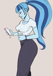 Size: 2480x3508 | Tagged: safe, artist:nire, derpibooru import, sonata dusk, equestria girls, blushing, bracelet, breasts, clothes, coffee, eyeshadow, jewelry, makeup, midriff, nail polish, pants, phone, phone charm, ponytail, short shirt, smiling, sonata bust