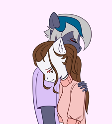 Size: 650x723 | Tagged: safe, alternate version, artist:idkhesoff, derpibooru import, oc, oc only, oc:elizabat stormfeather, oc:mina, anthro, clothes, duo, ear fluff, ears, eyes closed, female, hug, sad, shirt, sweater, t-shirt