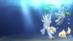 Size: 3265x1837 | Tagged: safe, artist:ketirz, derpibooru import, derpy hooves, oc, fish, pegasus, pony, bubble, crepuscular rays, diving goggles, female, fish tail, food, golden eyes, muffin, ocean, smiling, spread wings, sunlight, swimming, underwater, wallpaper, water, wings