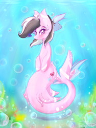 Size: 1500x2000 | Tagged: safe, artist:tractaresolidum, derpibooru import, oc, oc only, merpony, original species, shark, shark pony, bubble, commission, crepuscular rays, dorsal fin, eyelashes, female, fish tail, flowing mane, flowing tail, looking at you, purple eyes, seaweed, signature, smiling, solo, sunlight, tail, underwater, ych result