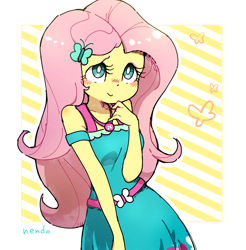 Size: 1190x1209 | Tagged: safe, artist:nendo, derpibooru import, fluttershy, equestria girls, blushing, clothes, cute, dress, geode of fauna, magical geodes, shyabetes, solo