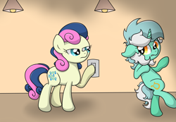 Size: 5172x3587 | Tagged: safe, artist:background basset, derpibooru import, bon bon, lyra heartstrings, sweetie drops, earth pony, pony, unicorn, bipedal, bon bon is not amused, caught, ceiling light, duo, duo female, female, light switch, looking back, unamused