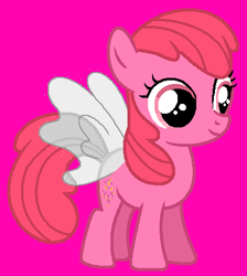 Size: 409x457 | Tagged: safe, artist:kammythepanic, derpibooru import, honeysuckle, flutter pony, pony, g1, g4, female, filly, g1 to g4, generation leap, pink background, simple background, smiling, solo, sparkles, wings