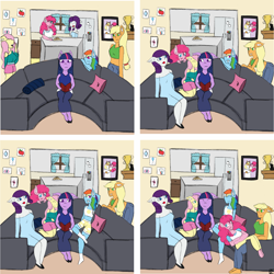 Size: 2048x2048 | Tagged: safe, artist:mintymelody, derpibooru import, applejack, fluttershy, pinkie pie, rainbow dash, rarity, twilight sparkle, anthro, comic:and they were roommates, digital art, mane six, polyamory, shipping