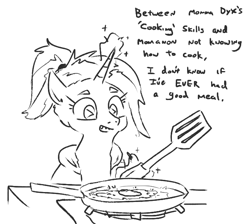 Size: 656x589 | Tagged: safe, artist:jargon scott, derpibooru import, oc, oc only, oc:okie dokey loki, pony, unicorn, clothes, cooking, egg, female, filly, food, fried egg, frying pan, hoodie, magical lesbian spawn, offspring, parent:oc:dyx, parent:oc:filly anon, parents:oc x oc, simple background, solo, spatula, white background, wingding eyes