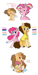 Size: 1669x3260 | Tagged: safe, artist:moccabliss, derpibooru import, cheese sandwich, li'l cheese, pinkie pie, oc, oc:cake pop, earth pony, pony, brother and sister, cake, cheesecake, cheesepie, colt, crying, female, filly, food, hug, male, mother and child, mother and daughter, mouth hold, mouthpiece, offspring, parent and child, parent:cheese sandwich, parent:pinkie pie, parents:cheesepie, shipping, siblings, simple background, straight, white background