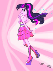 Size: 1280x1707 | Tagged: safe, artist:xjleiu, derpibooru import, twilight sparkle, equestria girls, backless, bare shoulders, boots, clothes, dress, high heels, platform boots, platform shoes, prom dress, shoes, shoulderless, sleeveless, solo, strapless