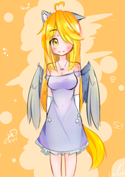 Size: 1447x2039 | Tagged: safe, artist:bubbletea, derpibooru import, derpy hooves, human, pegasus, pony, g4, background, background human, background pony, beautiful, best pony, bubble, clothes, cute, derp, dress, food, gold, humanized, illustration, jewelry, muffin, necklace, original art, tail, wings