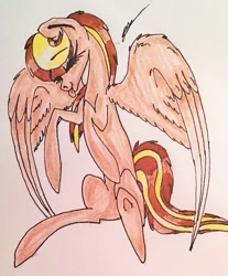 Size: 682x824 | Tagged: safe, artist:beamybutt, derpibooru import, oc, oc only, pegasus, pony, :p, eyelashes, eyes closed, female, mare, pegasus oc, signature, solo, tongue, tongue out, traditional art, wings
