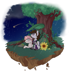 Size: 800x844 | Tagged: safe, artist:lavvythejackalope, derpibooru import, oc, oc only, earth pony, pony, clothes, commission, duo, earth pony oc, floating island, looking up, lying down, night, outdoors, prone, scarf, shooting star, simple background, sitting, smiling, transparent background, tree, ych result