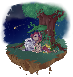 Size: 800x844 | Tagged: safe, artist:lavvythejackalope, derpibooru import, oc, oc only, earth pony, pony, commission, duo, earth pony oc, floating island, flower, looking up, lying down, night, outdoors, prone, shooting star, simple background, sitting, smiling, transparent background, tree, ych result