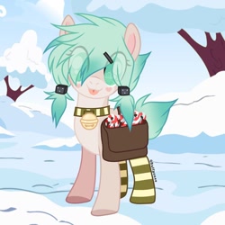 Size: 1080x1080 | Tagged: safe, alternate version, artist:fluffponee, derpibooru import, oc, oc only, earth pony, pony, :p, bell, cat bell, clothes, collar, earth pony oc, eye clipping through hair, female, mare, outdoors, signature, snow, socks, striped socks, tongue, tongue out, tree