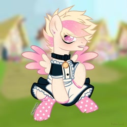 Size: 1080x1080 | Tagged: safe, artist:fluffponee, derpibooru import, oc, oc only, pegasus, pony, blushing, building, choker, clothes, crossdressing, dress, ethereal mane, hoof polish, male, outdoors, pegasus oc, sitting, socks, solo, stallion, starry eyes, starry mane, wingding eyes, wings