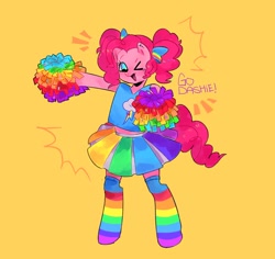 Size: 1174x1110 | Tagged: safe, artist:fluttr3, derpibooru import, earth pony, pony, semi-anthro, alternate hairstyle, bow, cheering, cheerleader, clothes, hair bow, implied lesbian, implied pinkiedash, implied shipping, one eye closed, orange background, pom pom, rainbow dash's cutie mark, rainbow socks, simple background, skirt, socks, solo, striped socks, wink