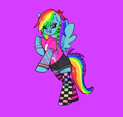 Size: 1236x1178 | Tagged: safe, artist:fluttr3, derpibooru import, rainbow dash, pegasus, pony, clothes, coontails, female, mare, one eye closed, purple background, scene, shirt, shorts, simple background, socks, solo, t-shirt, thigh highs, wink, wristband