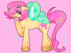 Size: 1600x1200 | Tagged: safe, artist:fluttr3, derpibooru import, fluttershy, pegasus, pony, alternate design, butterfly wings, ears, eye clipping through hair, floppy ears, hairpin, pink background, raised hoof, raised leg, short mane, simple background, solo, wings