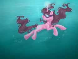 Size: 960x720 | Tagged: safe, artist:lavenderrain24, derpibooru import, oc, oc only, pony, unicorn, blue eyes, bubble, crepuscular rays, diving goggles, female, flowing mane, looking up, ocean, solo, speedpaint, sunlight, swimming, underwater, water