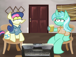 Size: 2048x1536 | Tagged: safe, artist:shunks, derpibooru import, bon bon, lyra heartstrings, sweetie drops, earth pony, pony, unicorn, friendship is magic, cider, cider mug, coat hanger, crossover, digital art, door, duo, female, lesbian, lyrabon, meme, mug, painting, redlettermedia, shipping, sitting, sitting lyra, sitting lyra style, television, wooden floor, youtuber