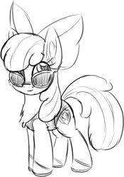 Size: 564x804 | Tagged: safe, artist:litrojia, derpibooru import, apple bloom, earth pony, pony, chest fluff, clothes, female, filly, glasses, grayscale, looking at you, monochrome, one-piece swimsuit, sandals, simple background, sketch, smiling, smiling at you, solo, sunglasses, swimsuit, white background