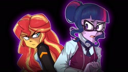 Size: 1920x1080 | Tagged: safe, artist:beefgummies, artist:fatjelyfish, derpibooru import, sci-twi, sunset shimmer, twilight sparkle, collaboration, equestria girls, friendship games, aggie.io, clothes, crystal prep academy uniform, duo, female, glasses, hair bun, jacket, looking back, redraw, scene interpretation, school uniform, suspicious, sweat