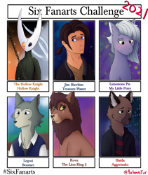 Size: 2305x2727 | Tagged: safe, artist:autumnsfurart, derpibooru import, limestone pie, anthro, big cat, earth pony, human, lion, pony, wolf, aggretsuko, anthro with ponies, bust, clothes, crossover, disney, female, haida, hollow knight, jim hawkins, kovu, legosi (beastars), male, mare, six fanarts, the lion king, treasure planet